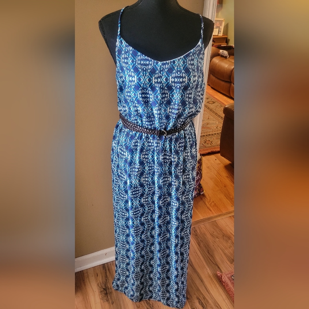 Lily Rose Blue, White, Turquoise blend Maxi Dress with Braided belt